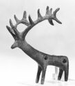 A 3D model of an antlered animal with a long neck made out of ceramic.
