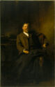 Painted full portrait of a white man in a brown suit and white shirt seated in a wooden chair.white