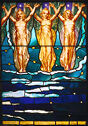Three gold-colored winged figures stand side by side with arms upraised against variations of blue glass.