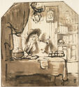 Ink drawing of a man seated behind a desk in a study by a window.