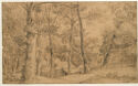 A landscape drawing of cottage in the middle of a forest surrounded by tall trees 
