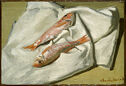 Two fish lying on a white cloth on a table