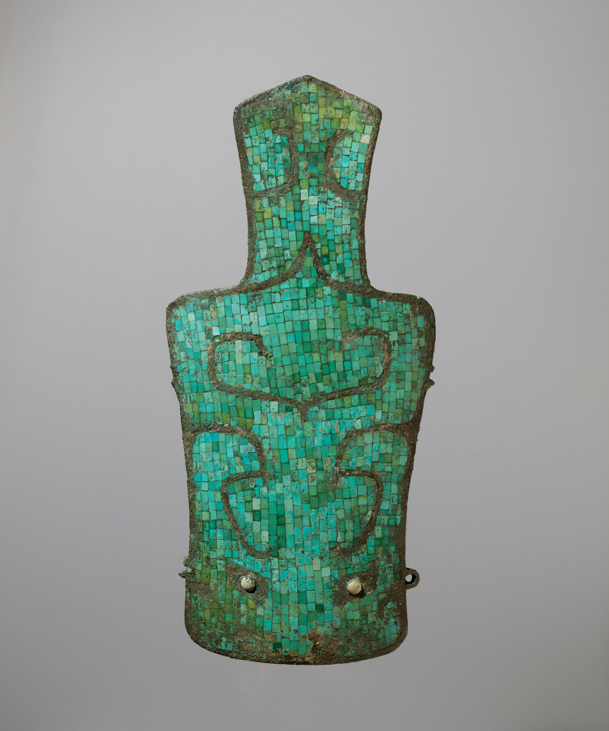 Turquoise-Inlaid Plaque With Stylized Animal-Mask Decoration And Elongated Extension