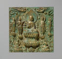 A gilt bronze square plaque of a man seated at the center. Around him are people and flowers.
