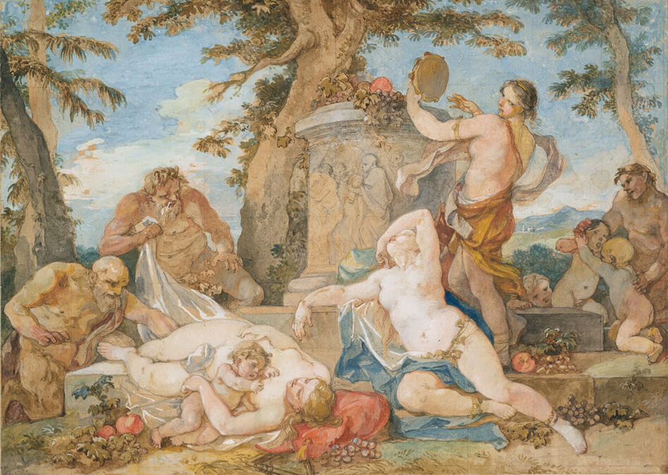 Two fair-skinned partially nude women recline in the center, with men and babies around in a landscape setting.