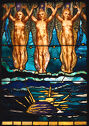 Three gold-colored winged figures stand side by side with arms upraised against variations of blue glass.　