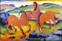 A landscape painting with three horses in shades of red in the foreground.