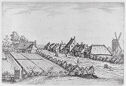 A black and white print depicts a small village with people working in a field.  