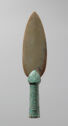 Polished gray jade spear tip in a bronze shaft with turquoise inlay