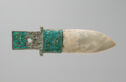Light gray jade, carved into a blade and set in a bronze handle decorated with turquoise