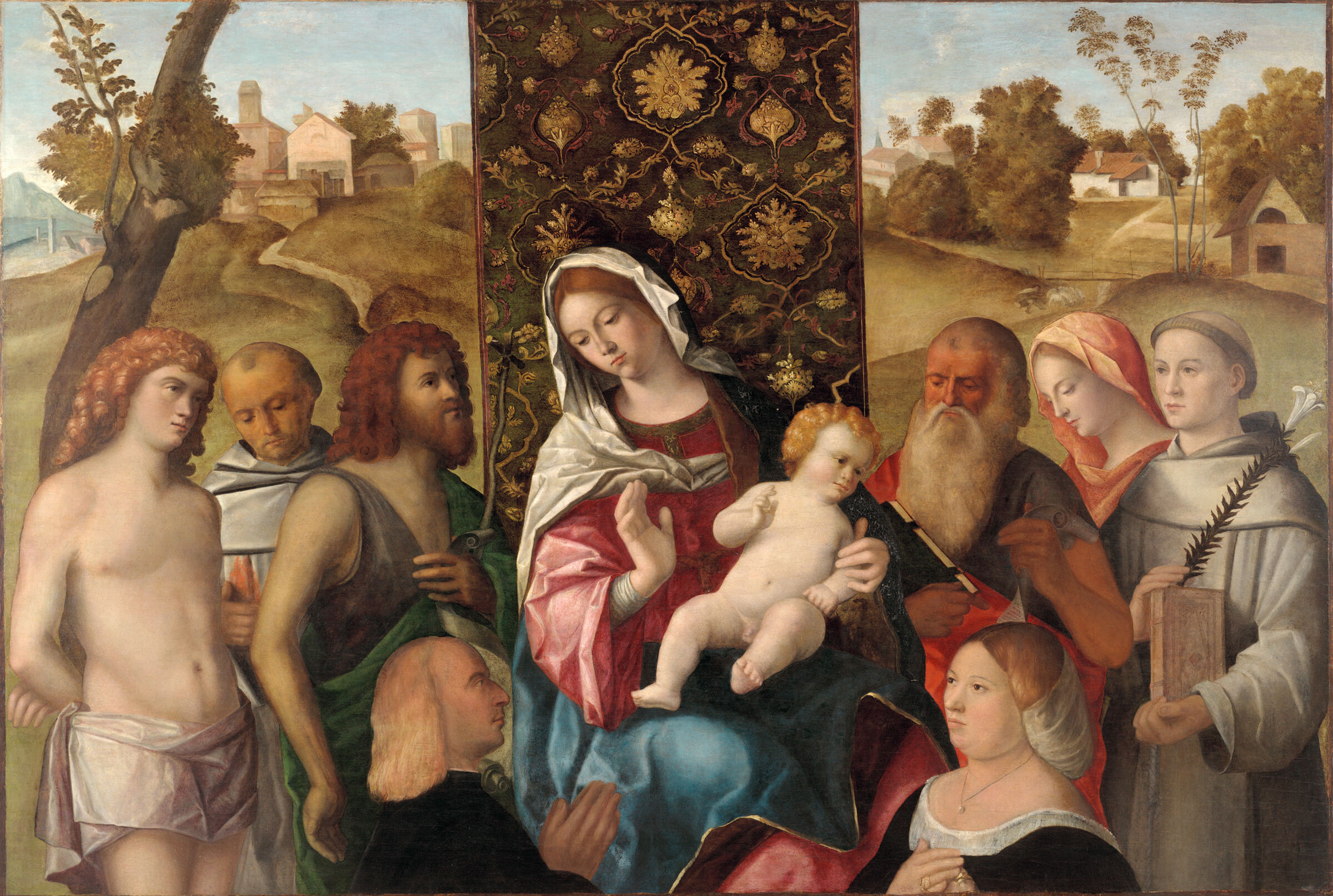 Virgin And Child With Saints Sebastian, Francis, John The Baptist, Jerome, An Unidentified Female Saint, Saint  Anthony Of Padua And Two Donors