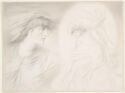 Graphite drawing of figure in profile and winged figure with closed eyes