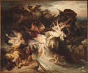 Detailed history painting in oil depicts a battle scene with partially-clad women and children surrounded by darkened figures on horseback. 