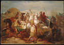 Detailed painting in oil depicts a bloody battle scene with several figures on horseback and slain people and horses