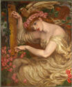 A woman plays a stringed instrument while surrounded by apples, flowers, greenery, and a dove.