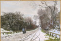 Winter landscape showing two people walking down a snowy country road