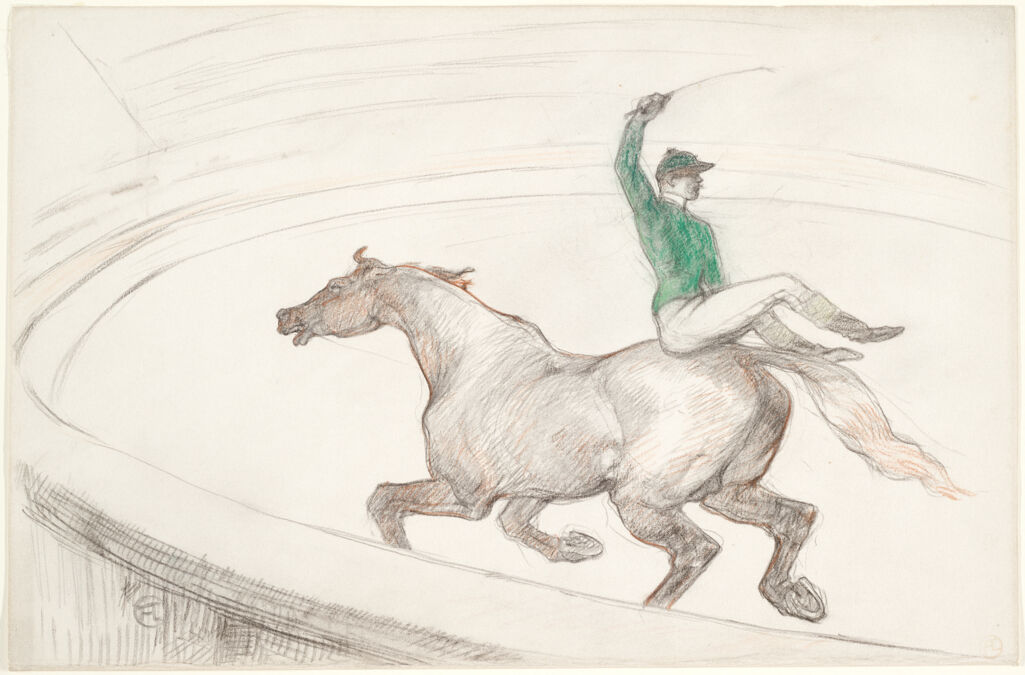 A man facing backwards on a horse as it runs inside a ring
