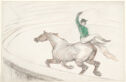 A man facing backwards on a horse as it runs inside a ring