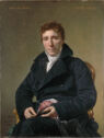 Painting of seated man in dark coat