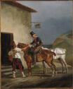 Man handing cup to man on horseback outside building