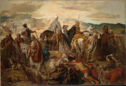 A desert scene following a battle in which, robed figures lift dead bodies of slain comrades away onto horses.