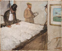 Loose brushstroke genre painting portrays three male figures standing in a room around a large display of raw cotton. 