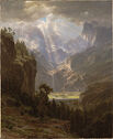 Vertical landscape painting of mountains, a distant waterfall, and sunlight beaming through dramatic clouds into a valley in lower center.