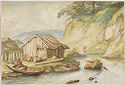 A drawing of a small wooden house next to river