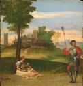 Seated woman with baby faces standing man in front of landscape with buildings