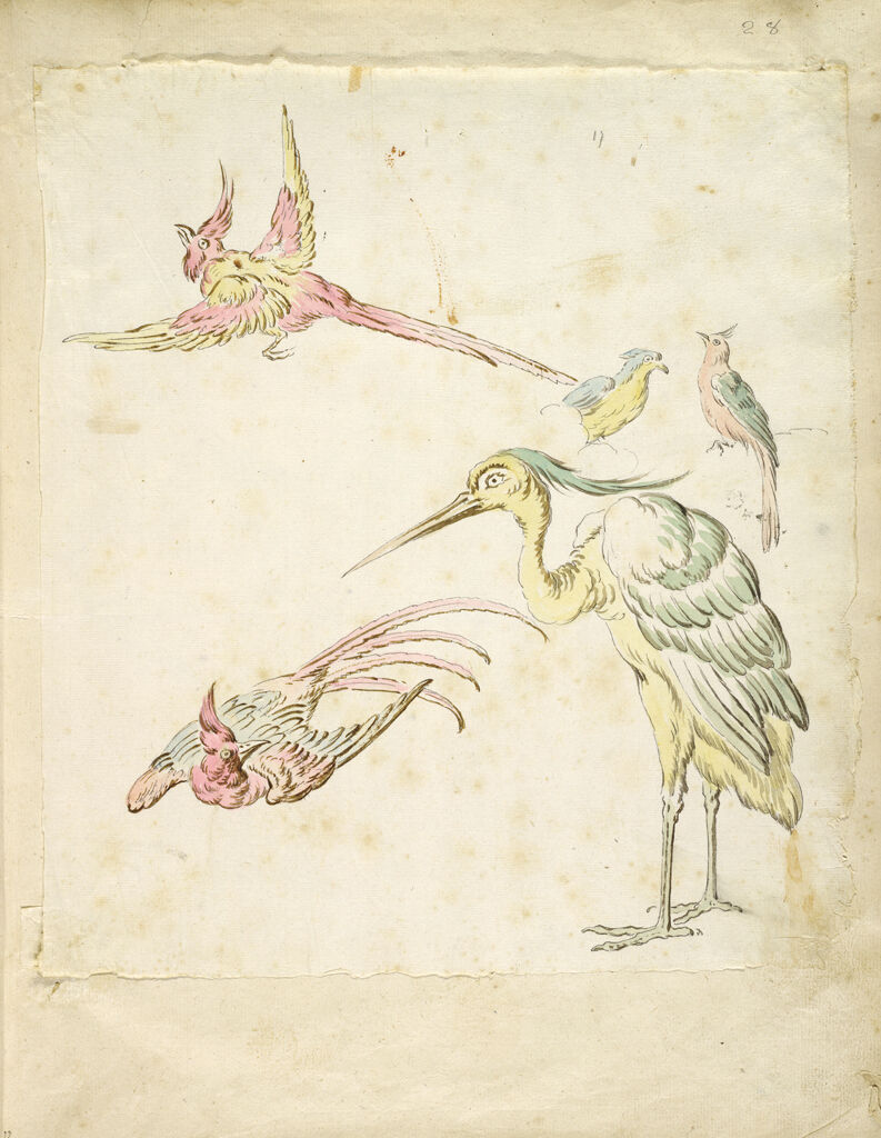Two Pheasants In Flight, A Standing Heron And Two Small Birds; Verso: Blank
