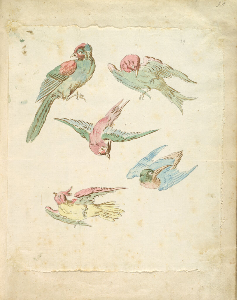 Five Birds, One Perched, Four In Flight; Verso: Blank