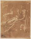 A drawing of three figures seated.