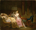 A woman in loose flowing robes plays a lyre beside the body of a deceased man