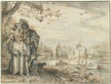 A drawing of a well-dressed couple with their dogs in the outsides of the city 