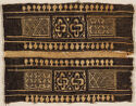A square textile fragment with an off-white background and two deep blue, almost blackish parallel bands containing a knot motif, a pattern of diamonds, and some geometric shapes along the top and bottom.