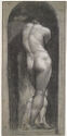 
A black and white chalk drawing of a nude statue is drawn from behind, leaning against a pilaster inside a niche. 