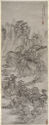 Gray-toned hanging scroll with painting of mountains, trees, and buildings