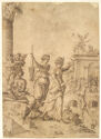Drawing of two standing women surrounded by cherubs, a seated figure, and smaller figures in the background