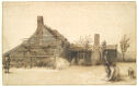 A drawing of a cottage depicts two men and two figures working in a yard.