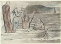 Two figures stand in a small boat on a river confronting two figures emerging from the water
