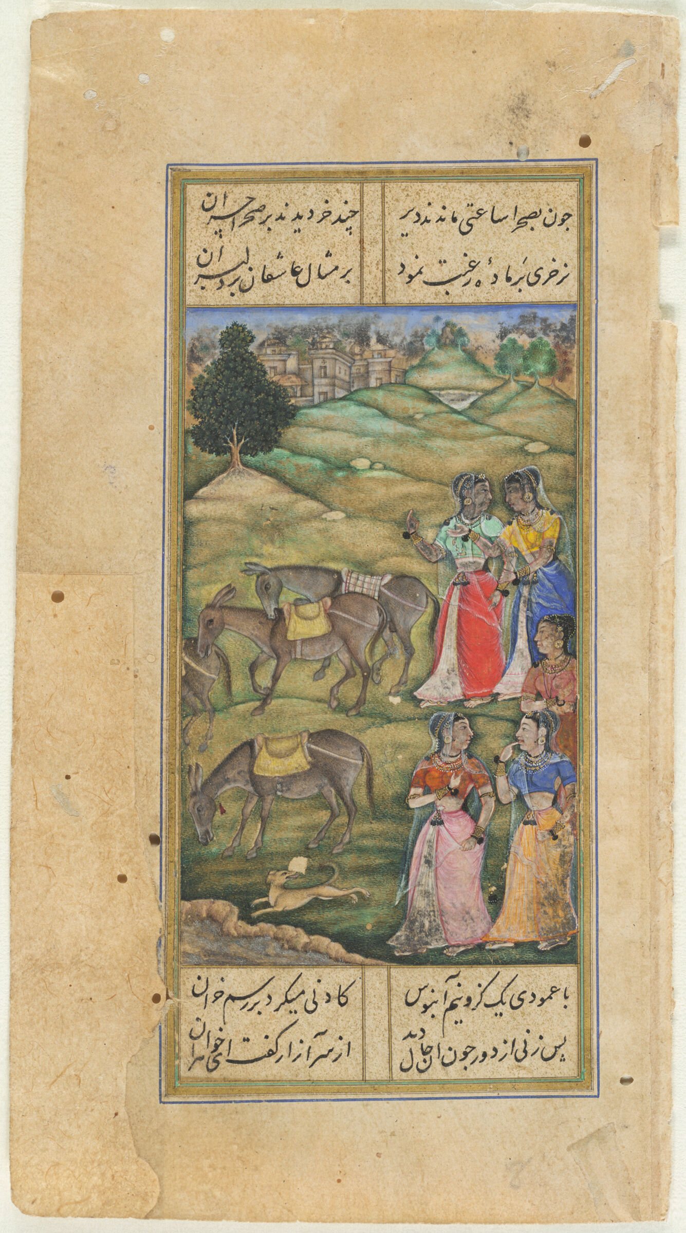 Ladies Witnessing Suggestive Donkeys (Painting, Recto; Text, Verso), Folio 262 From A Manuscript Of The Divan Of Anvari