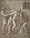 Three men, the one in the center is being disrobed and tied to a short pillar as he looks upward.