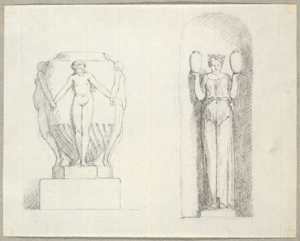 Study For Architectural Monument With Urn And Nude Female Figures; Statue Of A Standing Woman Holding Water Jars