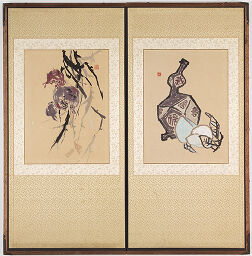 Two-Panel Folding Screen: Two Peaches And A Faceted Bottle With Auspicious Characters (Right) And Branch Of Fruiting Pomegranate (Left)