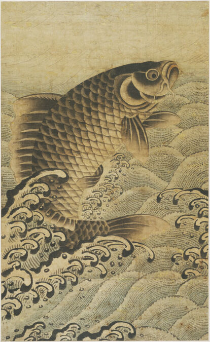 A rectangular painted scroll of a large black and white fish above blue round forms and black-outlined swirls.