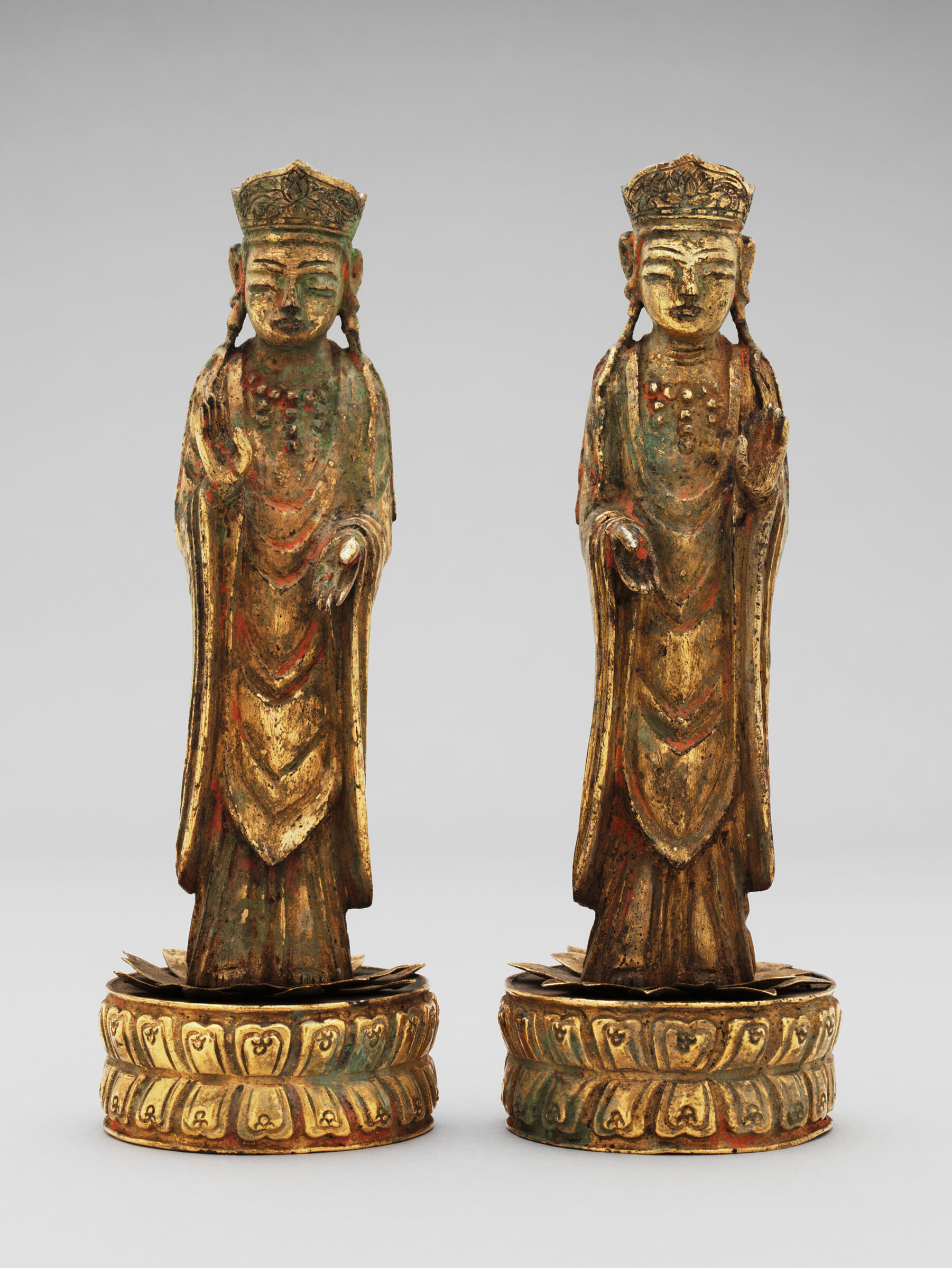Standing Bodhisattva On A Circular Lotus Base (One Of A Pair) From The Interior Of A Portable Buddhist Shrine With Repoussé Decoration