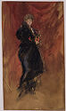 Watercolor of woman in long black coat on red background