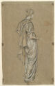 Page with drawing of woman in draped garments on one side and nude woman on the other