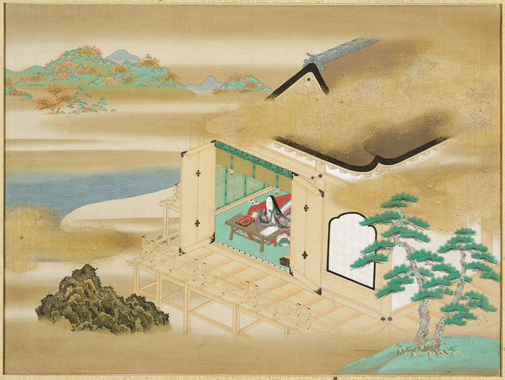Landscape With Murasaki Shikibu Writing At Ishiyamadera (Frontispiece To An Album Containing 54 Illustrations And Calligraphic Excerpts From The Tale Of Genji)