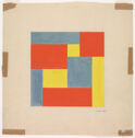 An abstract geometric design with blocks of yellow, blue and orange-red.